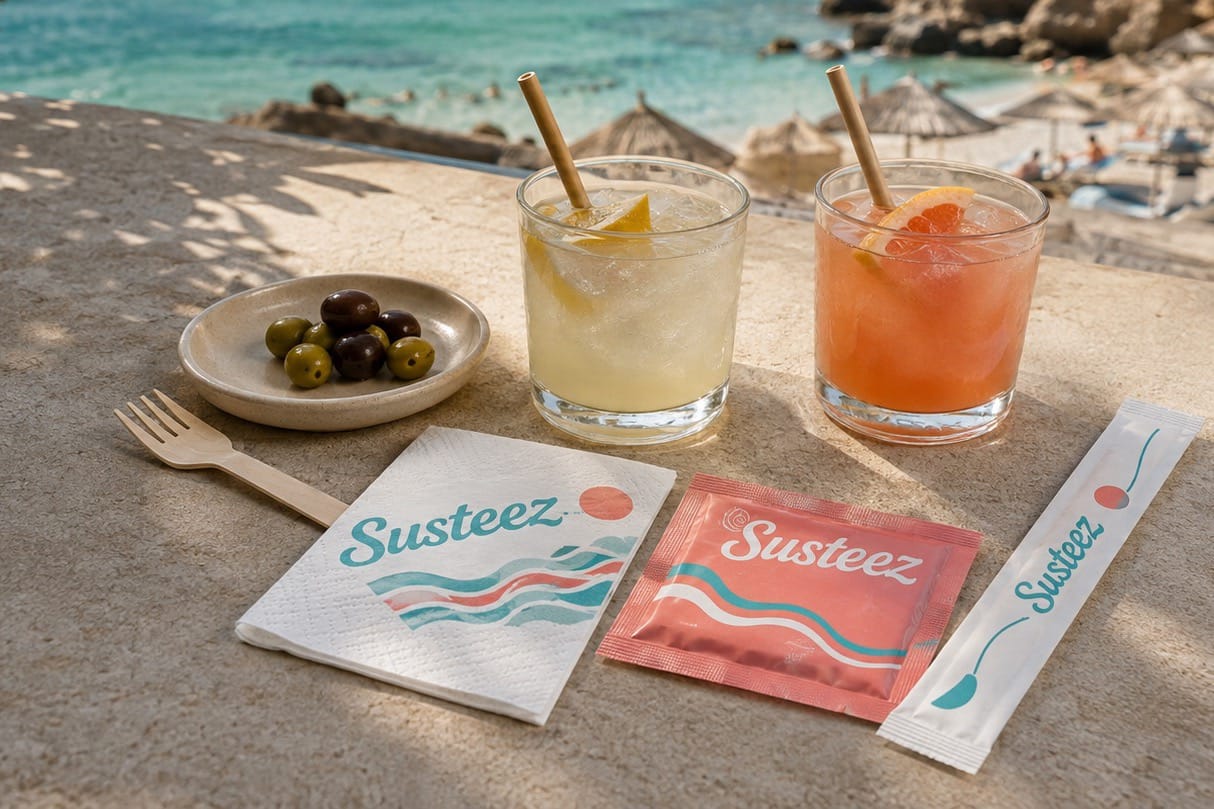 Beach club masasında Susteez logolu peçete, bambu pipetli kokteyller ve ahşap çatal