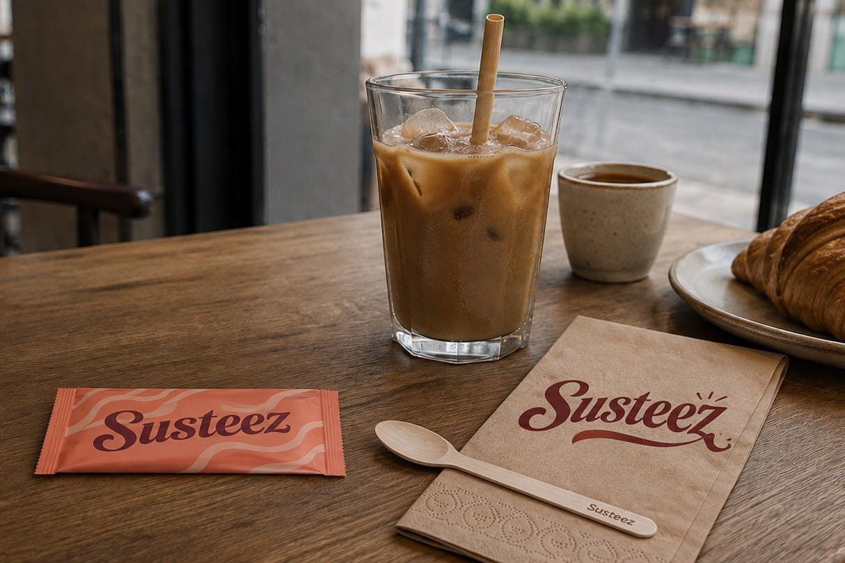 Kafe masasında Susteez kraft peçete, ahşap kaşık ve bambu pipetli soğuk kahve
