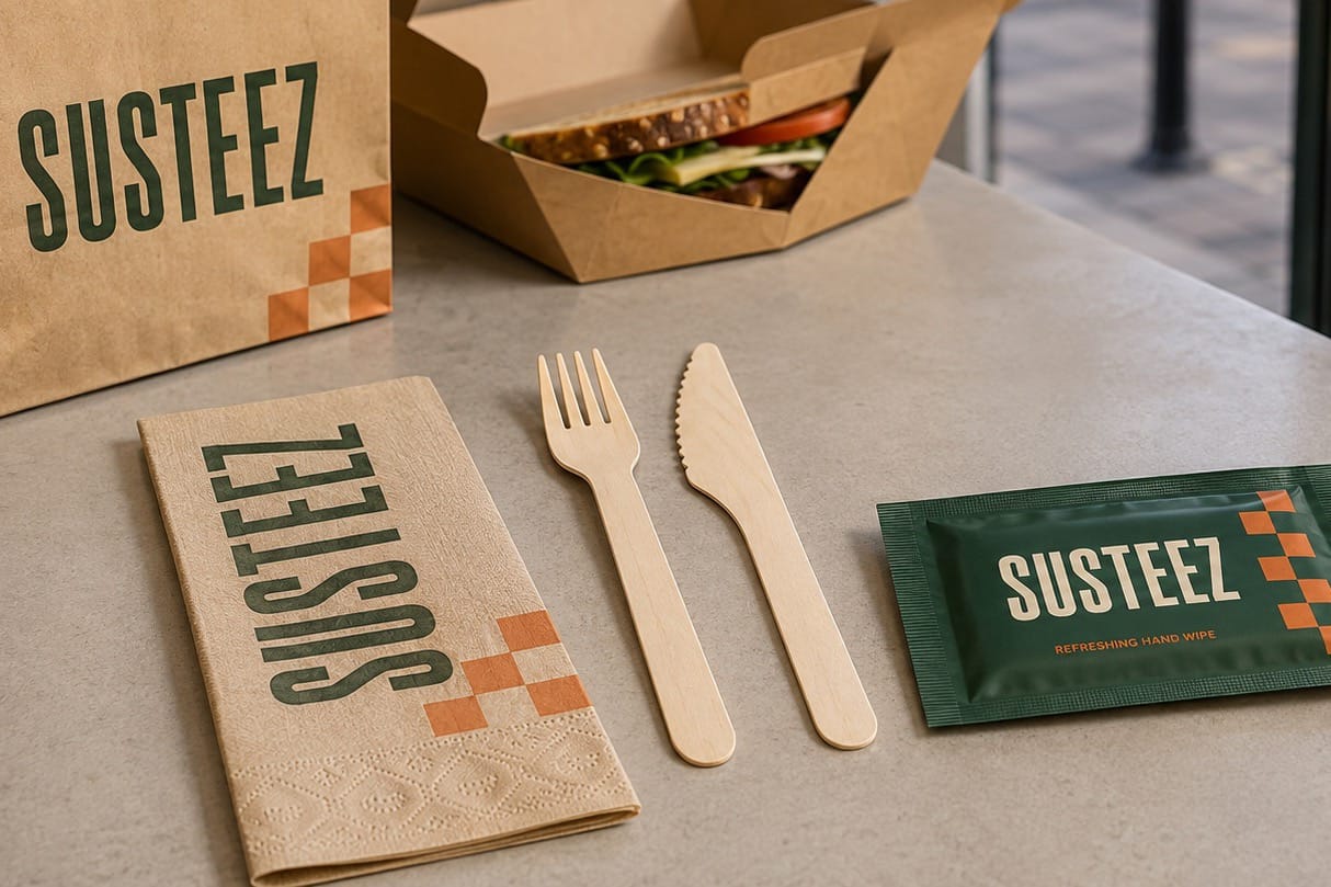 Susteez logolu kraft paket servis çantası, ahşap çatal-bıçak, baskılı peçete ve ıslak mendil