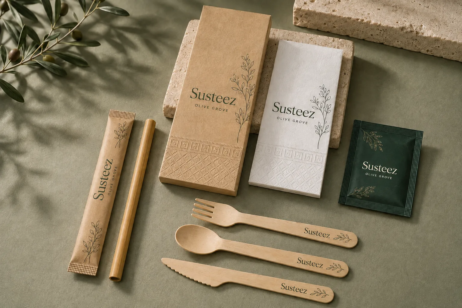Olive Grove temasıyla zeytin desenli kraft ve beyaz peçete, ıslak mendil, çatal-kaşık-bıçak ve bambu pipet