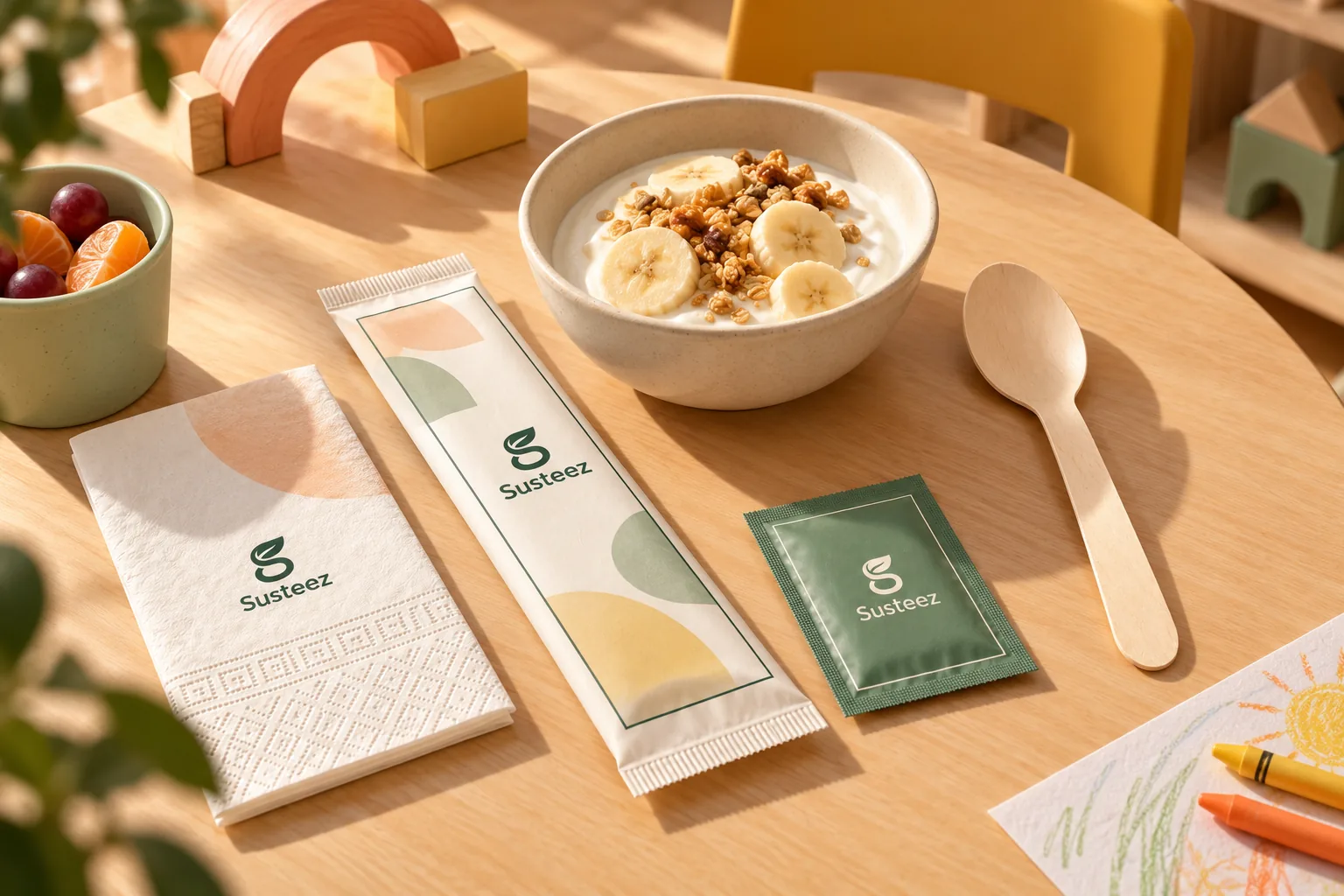 A pastel arc-patterned Susteez sleeve, napkin, sage wet wipe and wooden spoon on a nursery table beside a bowl of yoghurt and banana