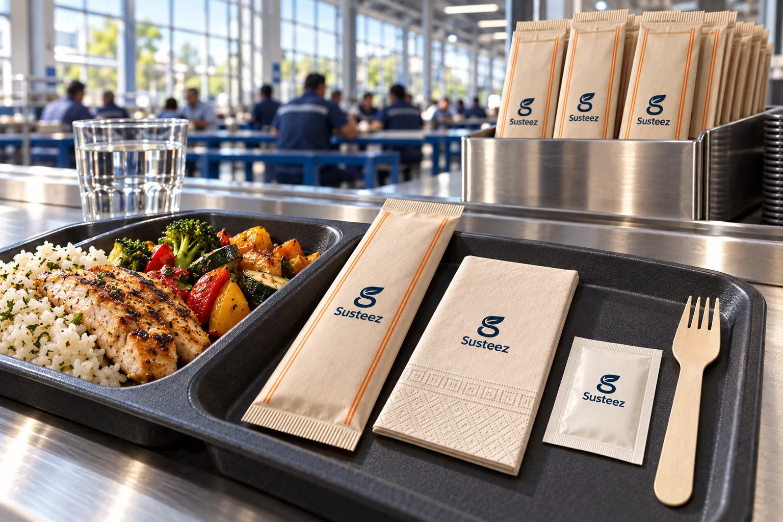 A kraft Susteez cutlery kit printed navy with orange bands, a kraft napkin, wet wipe and wooden fork on a compartment tray at a steel serving rail