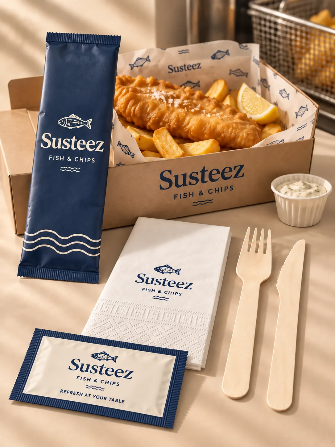 Sıcak tonlu stüdyoda uyumlu baskılı servis malzemeleriyle fish and chips