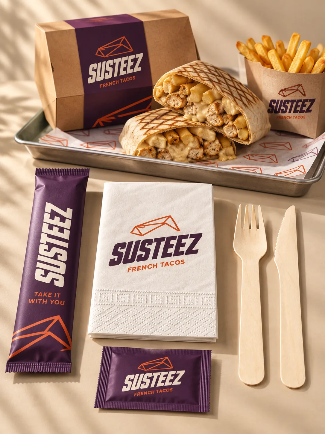 Mor ve turuncu tonlu French tacos paket servis konsepti