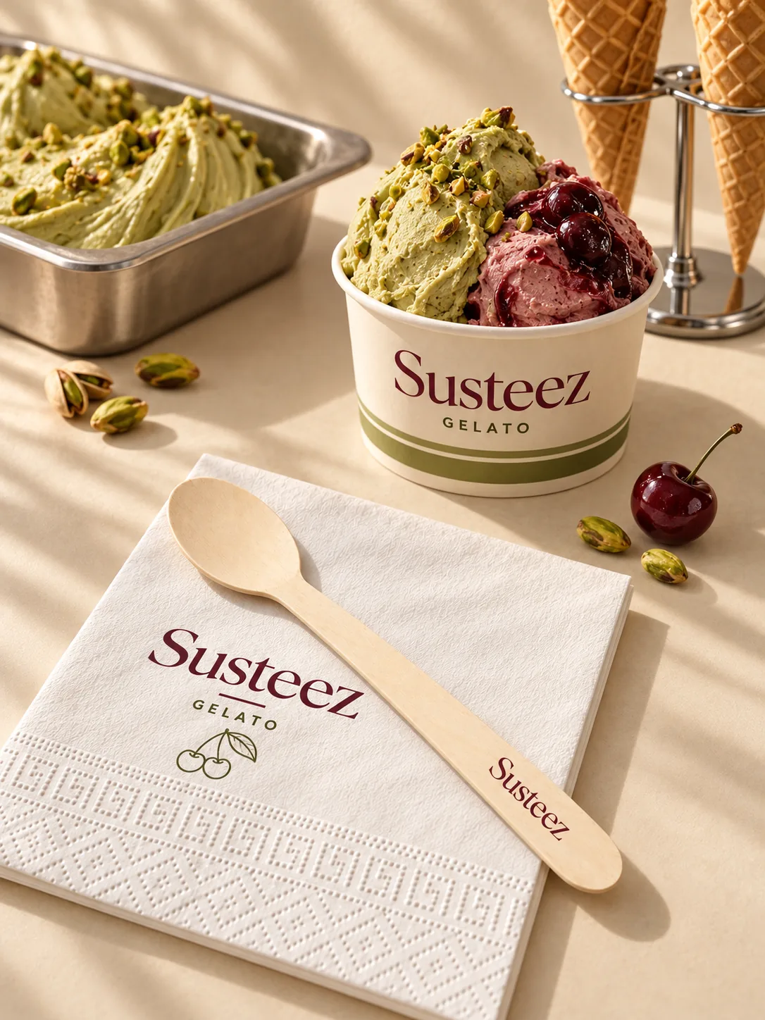 Baskılı ahşap kaşık ve uyumlu kabartmalı peçeteyle antep fıstıklı ve vişneli gelato