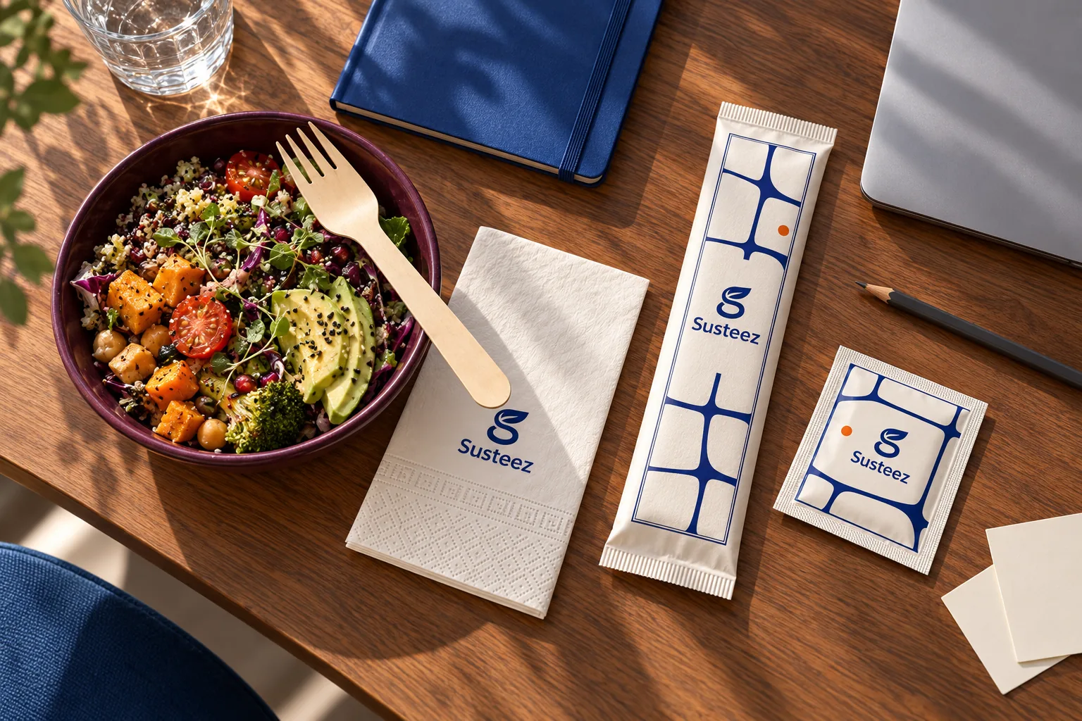 A navy window-motif Susteez cutlery sleeve, embossed napkin, wooden fork and wet wipe on an office desk beside a grain bowl and a notebook