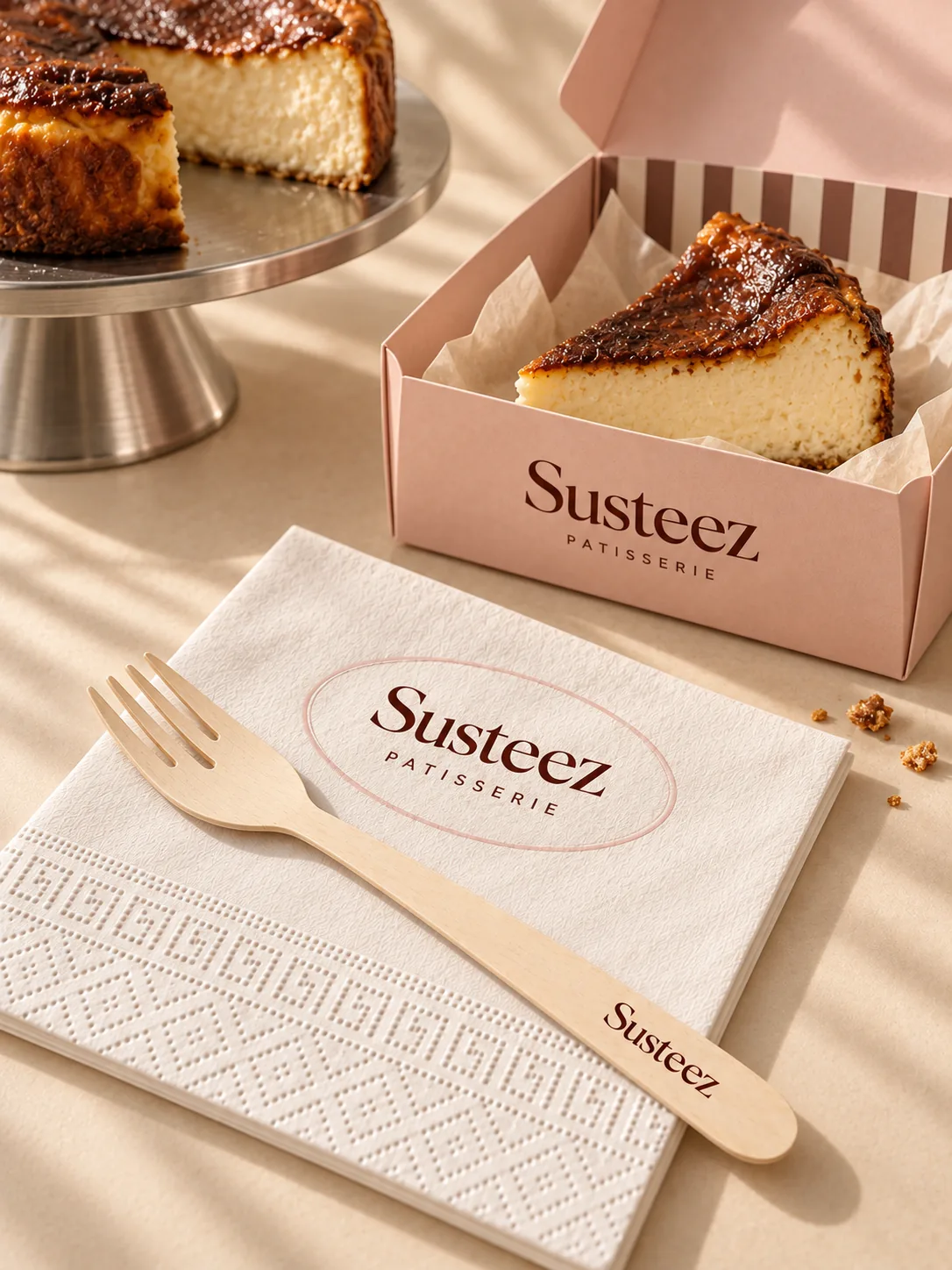 Pudra rengi kutuda Bask cheesecake, baskılı premium ahşap çatal ve logolu peçete