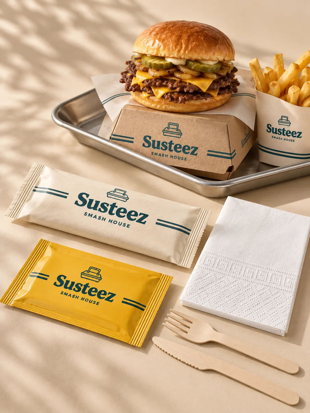 Tepside smash burger, petrol mavisi ve hardal tonlu ambalaj ve ahşap çatal bıçak