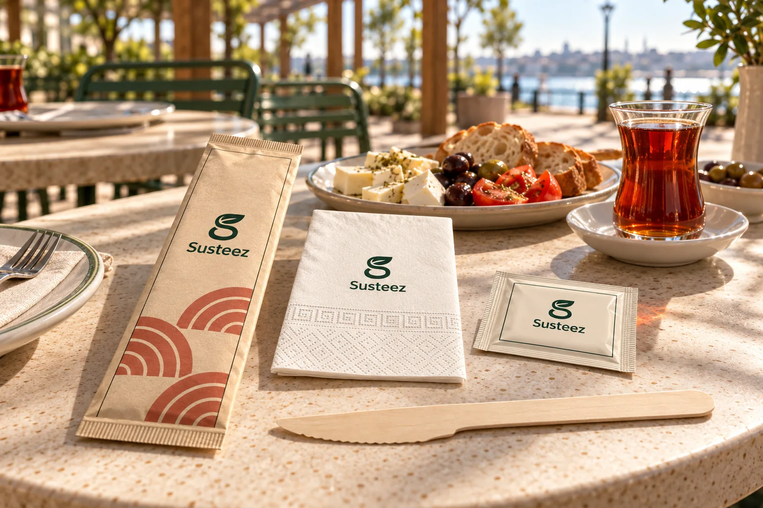 A kraft Susteez cutlery kit with a terracotta semicircle motif, embossed napkin, cream wet wipe, wooden knife and a tulip tea glass on a stone table by the water