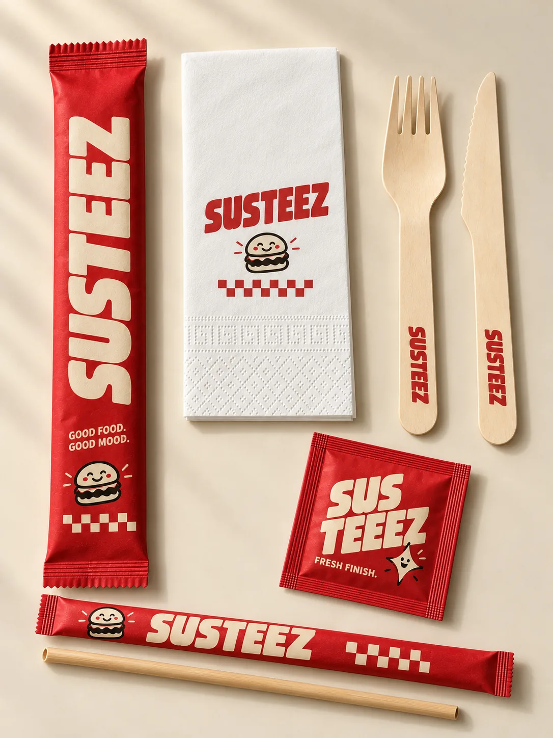 Peçete, servis seti, ıslak mendil ve pipet ambalajında kırmızı-krem street food baskı kimliği