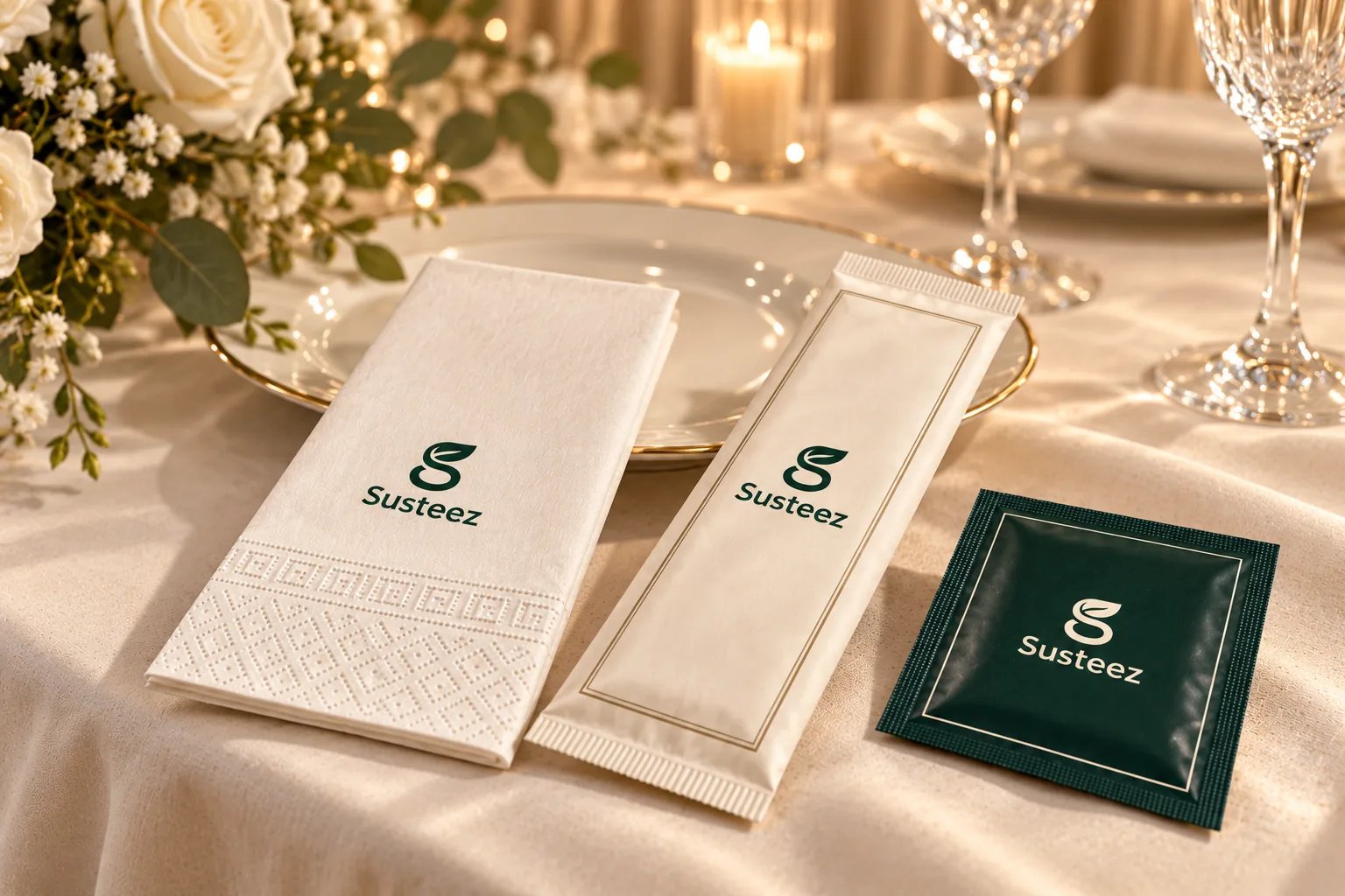A printed Susteez napkin, sealed cutlery pack and wet wipe in front of a gold-rimmed plate at a wedding place setting