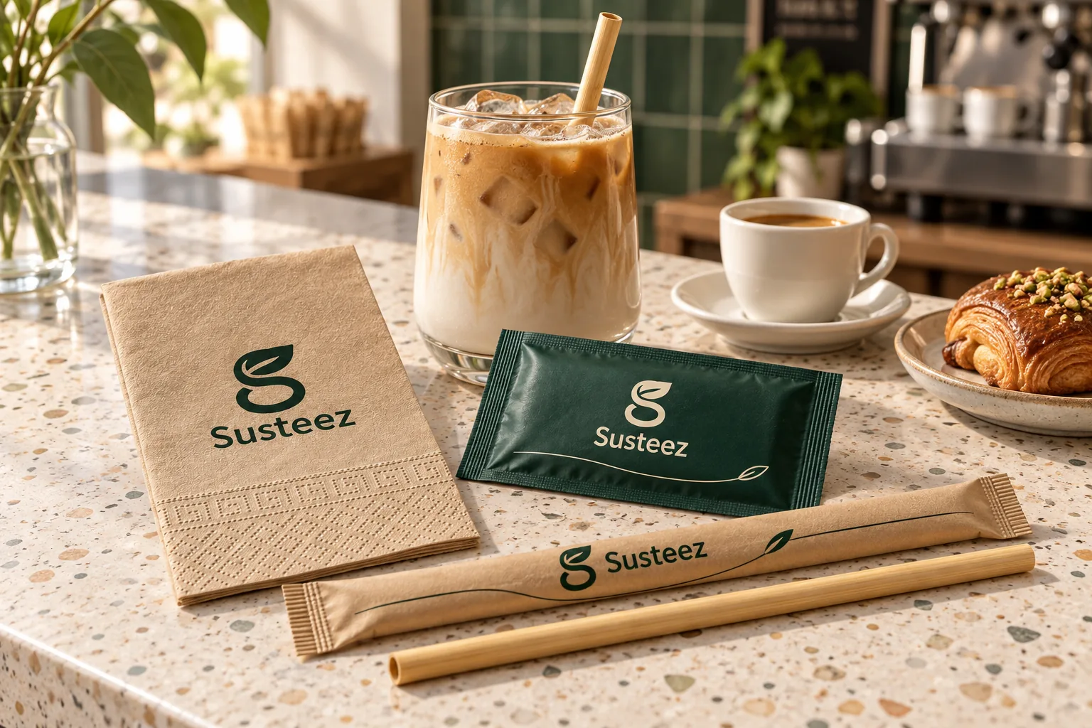 Kafe tezgahında kraft Susteez peçete, baskılı ıslak mendil, kılıflı ve açık bambu pipet, yanında soğuk kahve