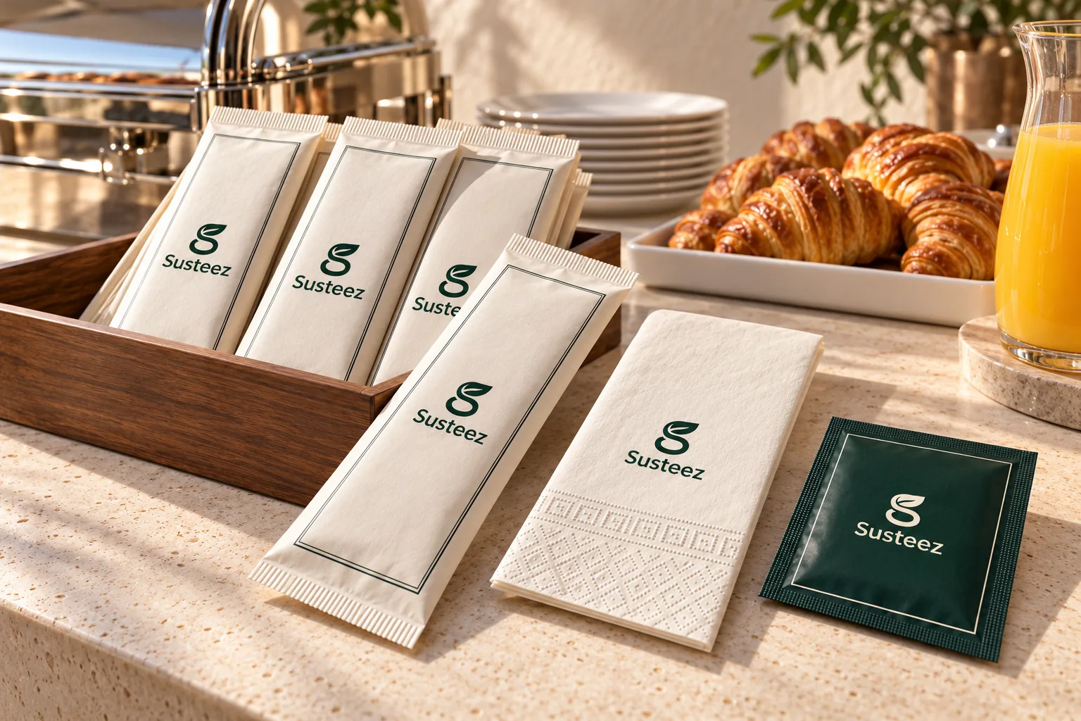 Otel kahvaltı büfesinde ahşap kutuda dizili kraft Susteez servis setleri, baskılı peçete ve ıslak mendil