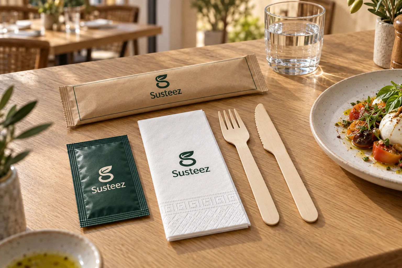 Restoran masasında Susteez baskılı peçete, kraft kılıflı servis seti, ahşap çatal bıçak ve ıslak mendil