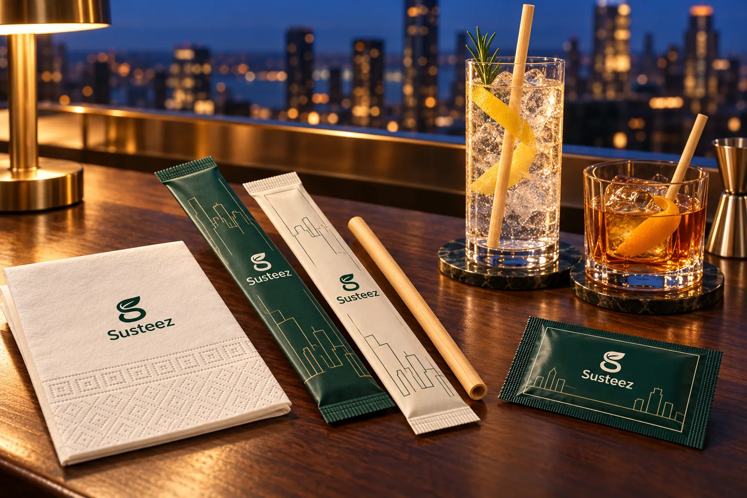Akşam saatinde rooftop bar tezgahında kılıflı ve çıplak bambu pipet, baskılı Susteez peçete ve ıslak mendil, yanında iki kokteyl